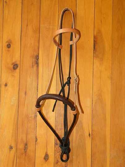 P1150043-1-1.jpg - 8 Plait Bosal - Kangaroo hide - Brandy
Work bridle in natural with black rope fiador'.