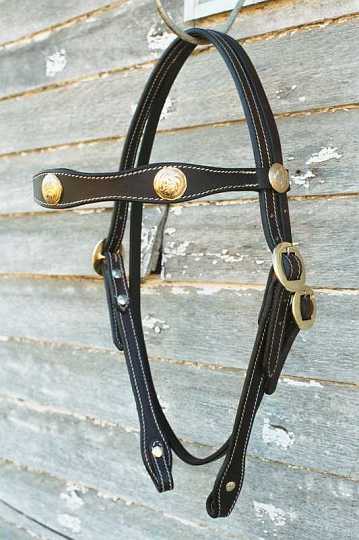 012_9-1.jpg - Tri ~ Scallop with Brass concho's in Dark Brown
dressed with Brass Cart Buckles & brass Loops at edge of brow.