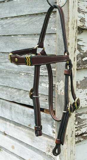 021_18-1.jpg - Stock Bridle ~ Dark Brown ~ Daimond Brow with Braided Knots in Green & Gold. Brass centre piece & brass hardware.