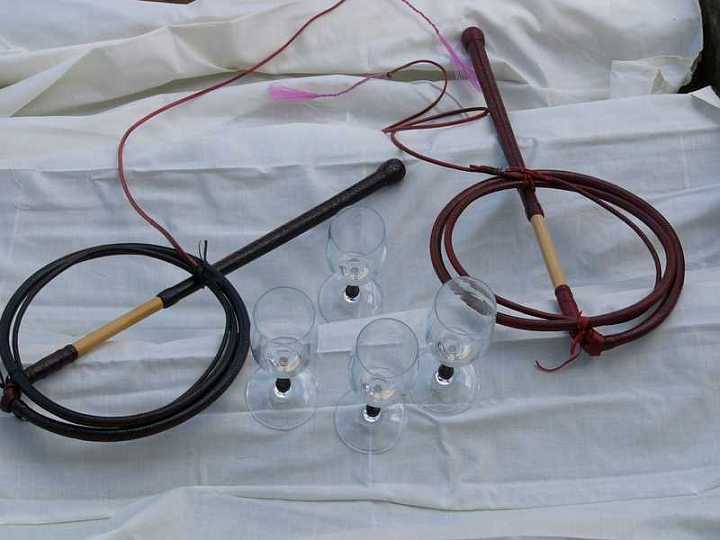 P1080619-1.jpg - Part of a trophy package . 2 Stock whips and 4 crystal flutes with braided stems.