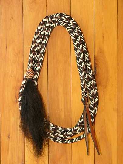 P1140764-1.jpg - 12 plait Parachute cord mecate with kangaroo hide pineapple knot and long horse hair tassel.