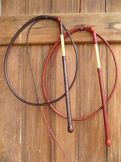 P1080554-1.jpg - A pair of custom made trophy whips made for the Barkly campdraft Assoc. for the highest scoring Jackaroo & Jillaroo .32plait 3/4 handles and 16 plait 6ft thongs.