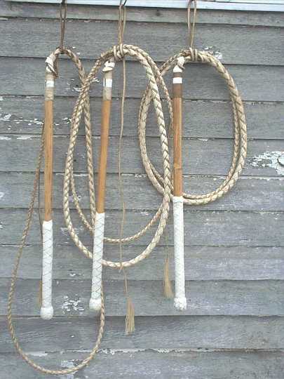 Nov12_02-1.jpg - This photo shows some 4 plait white hide working stock whips in various lengths.
